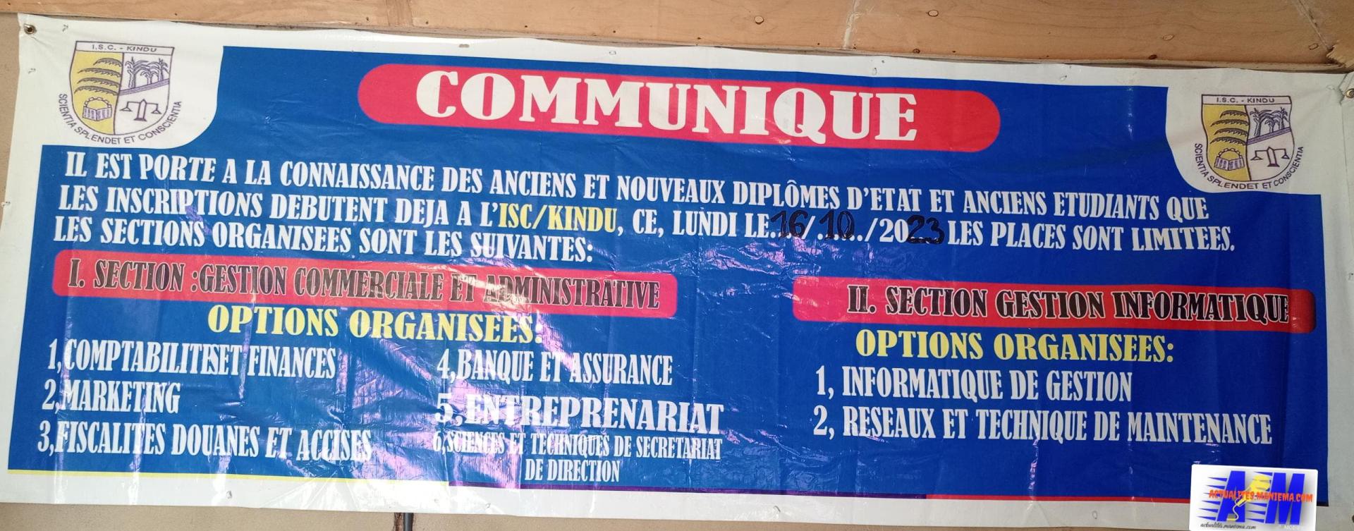 Communiqué d'inscription de l'ISC/Kindu